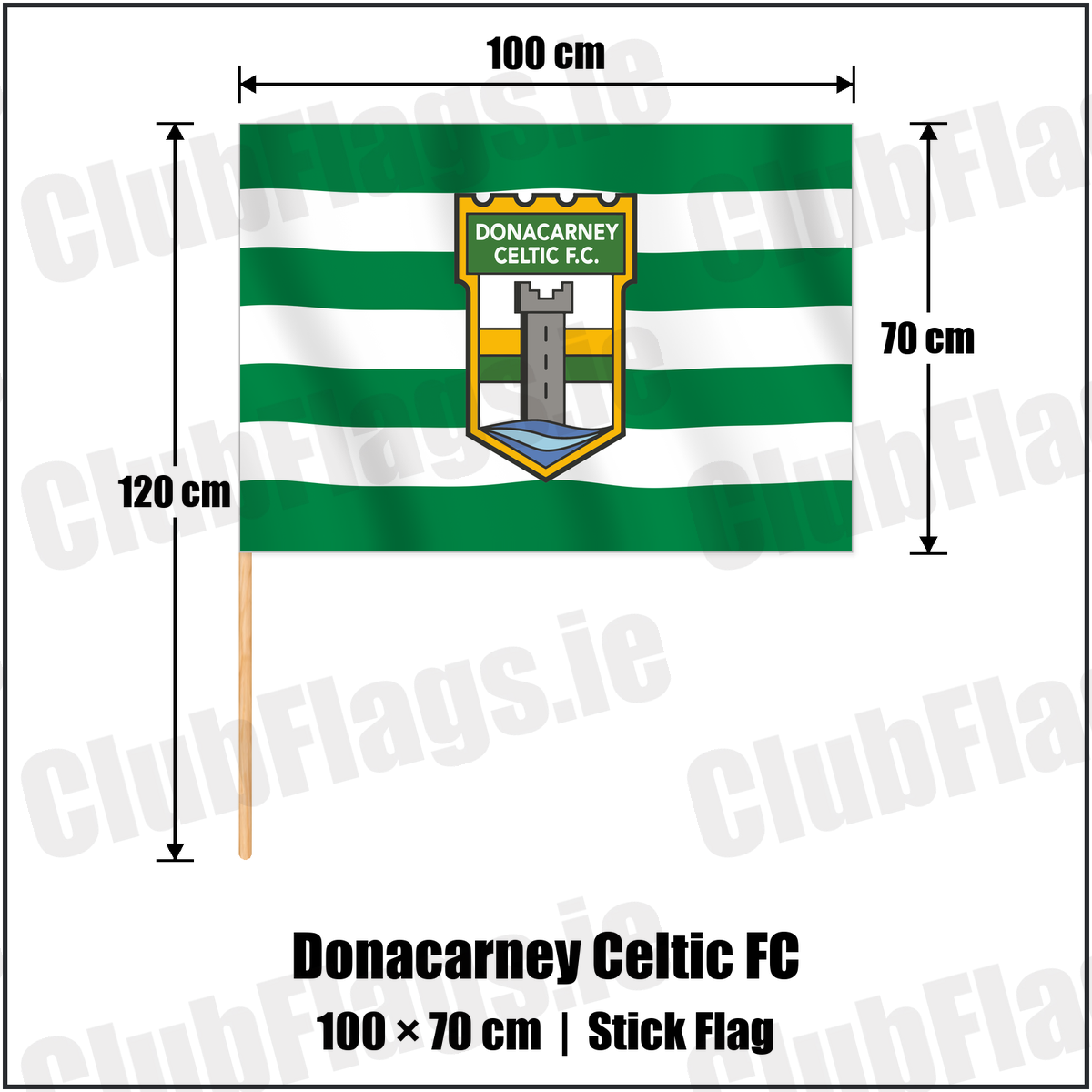Donacarney Celtic FC 70cm x 100cm Stick Flag with the club crest and colours, Meath Football - ClubFlags.ie
