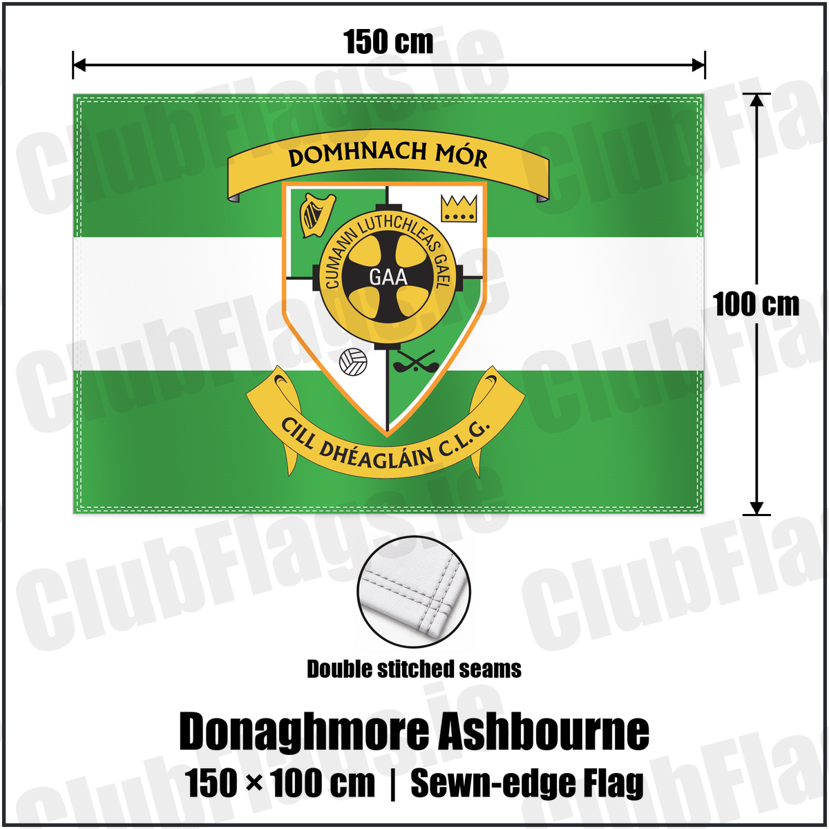 Donaghmore Ashbourne 100cm x 150cm Flag (sewn on the edges) with the club crest and colours, Meath GAA - ClubFlags.ie