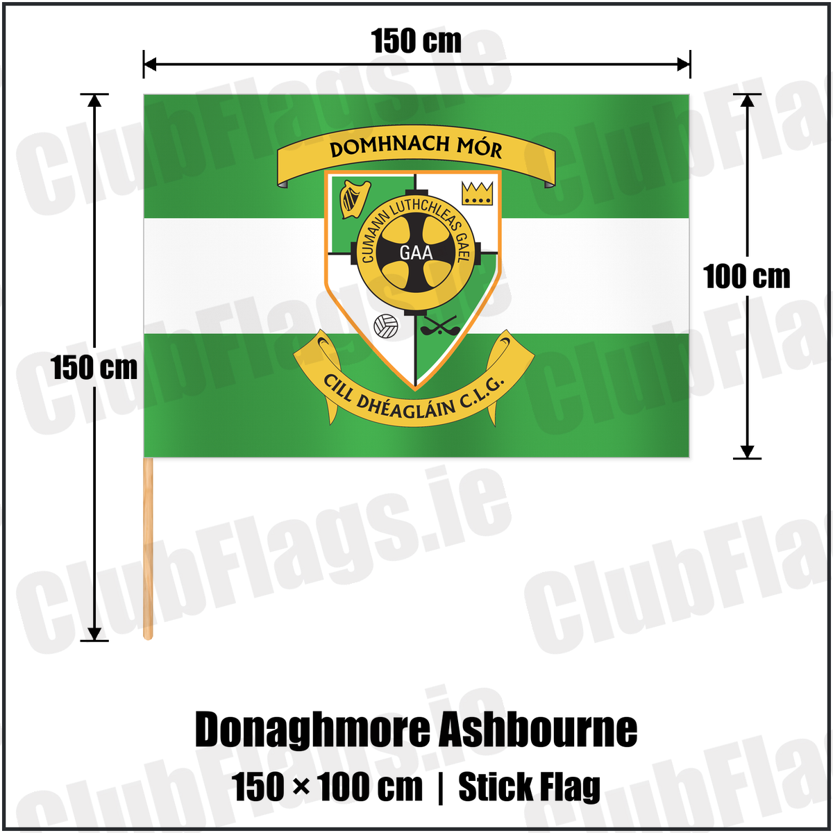 Donaghmore Ashbourne 100cm x 150cm Stick Flag with the club crest and colours, Meath GAA - ClubFlags.ie