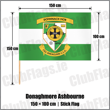 Donaghmore Ashbourne 100cm x 150cm Stick Flag with the club crest and colours, Meath GAA - ClubFlags.ie