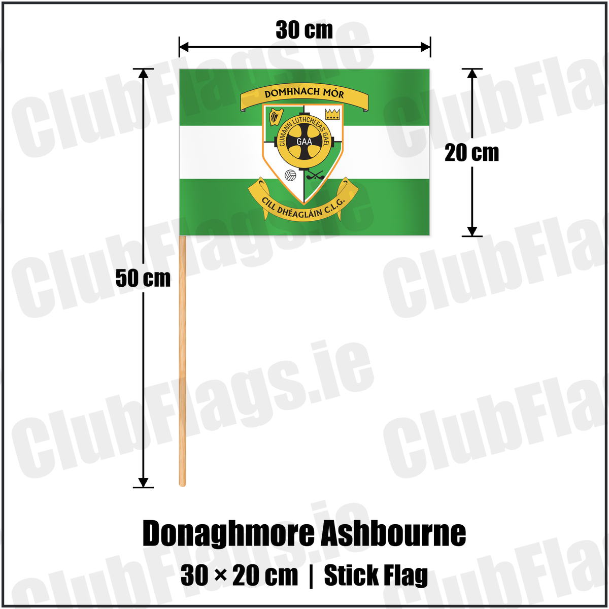 Donaghmore Ashbourne 20cm x 30cm Stick Flag with the club crest and colours, Meath GAA - ClubFlags.ie