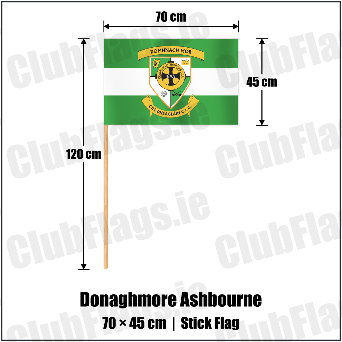 Donaghmore Ashbourne 45cm x 70cm Stick Flag with the club crest and colours, Meath GAA - ClubFlags.ie