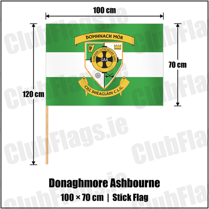 Donaghmore Ashbourne 70cm x 100cm Stick Flag with the club crest and colours, Meath GAA - ClubFlags.ie
