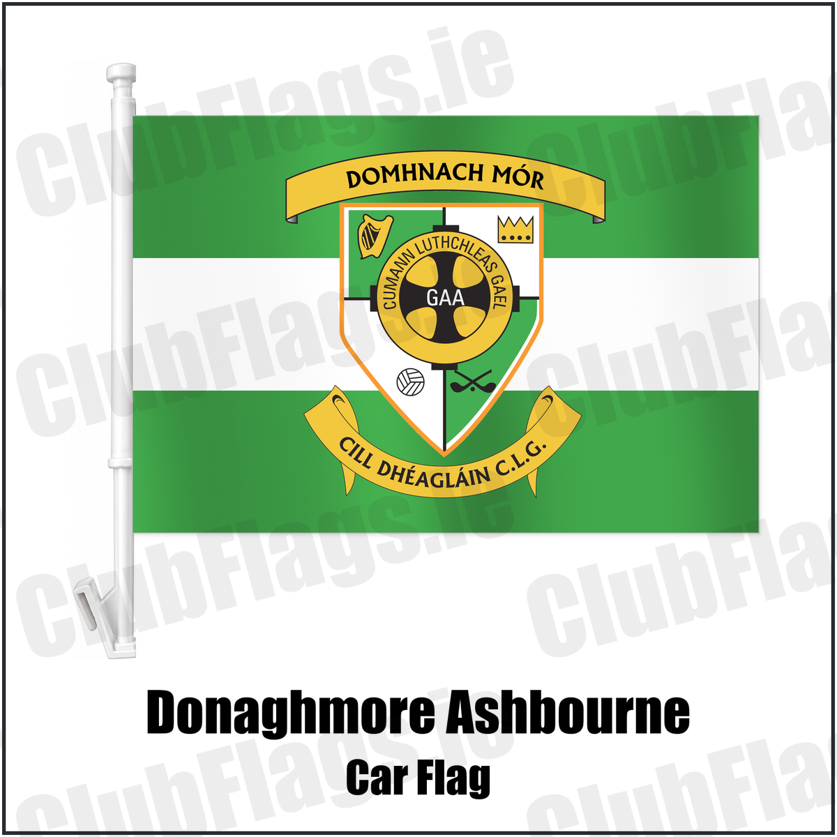 Donaghmore Ashbourne Car Flag with the club crest and colours, Meath GAA - ClubFlags.ie