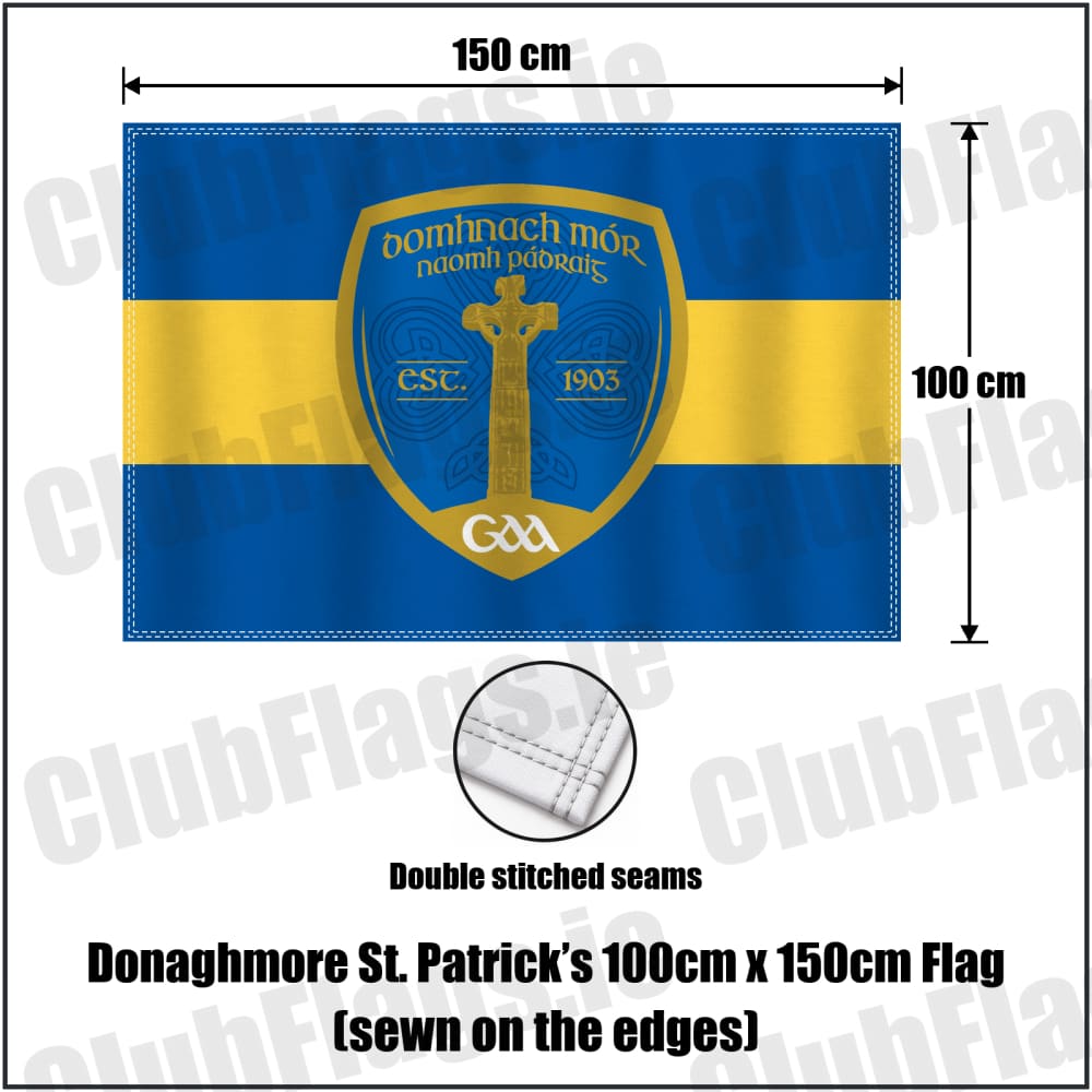 Donaghmore St. Patrick’s 100cm x 150cm Flag (sewn on the edges) in royal blue and gold, featuring the club crest on realistic fabric with gentle vertical folds; County Tyrone GAA. ClubFlags.ie.