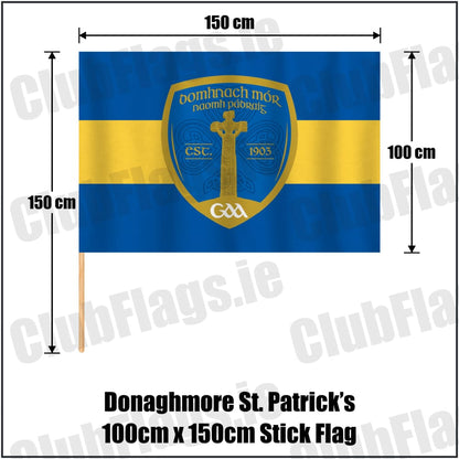 Donaghmore St. Patrick’s 100cm x 150cm Stick Flag in royal blue and gold, featuring the club crest on realistic fabric with gentle vertical folds; County Tyrone GAA. ClubFlags.ie.