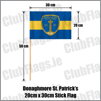 Donaghmore St. Patrick’s 20cm x 30cm Stick Flag in royal blue and gold, featuring the club crest on realistic fabric with gentle vertical folds; County Tyrone GAA. ClubFlags.ie.