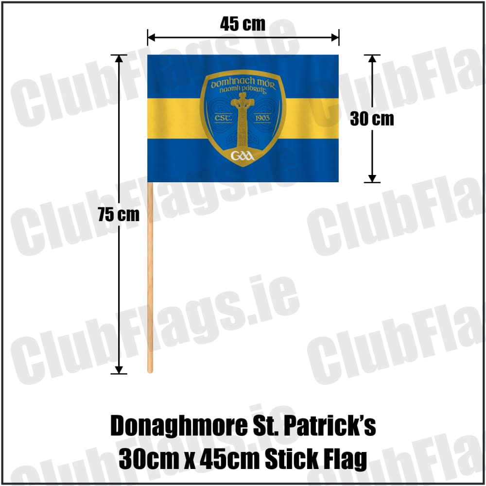 Donaghmore St. Patrick’s 30cm x 45cm Stick Flag in royal blue and gold, featuring the club crest on realistic fabric with gentle vertical folds; County Tyrone GAA. ClubFlags.ie.