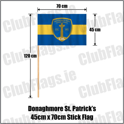 Donaghmore St. Patrick’s 45cm x 70cm Stick Flag in royal blue and gold, featuring the club crest on realistic fabric with gentle vertical folds; County Tyrone GAA. ClubFlags.ie.