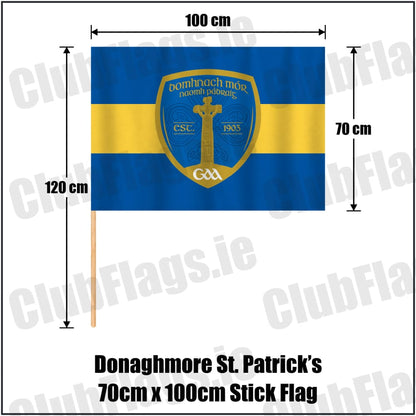 Donaghmore St. Patrick’s 70cm x 100cm Stick Flag in royal blue and gold, featuring the club crest on realistic fabric with gentle vertical folds; County Tyrone GAA. ClubFlags.ie.