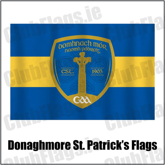 Donaghmore St. Patrick’s Flags in royal blue and gold, featuring the club crest on realistic fabric with gentle vertical folds; County Tyrone GAA. ClubFlags.ie.