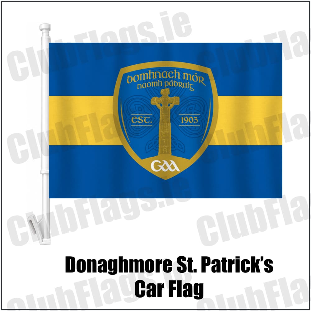 Donaghmore St. Patrick’s Car Flag in royal blue and gold, featuring the club crest on realistic fabric with gentle vertical folds; County Tyrone GAA. ClubFlags.ie.