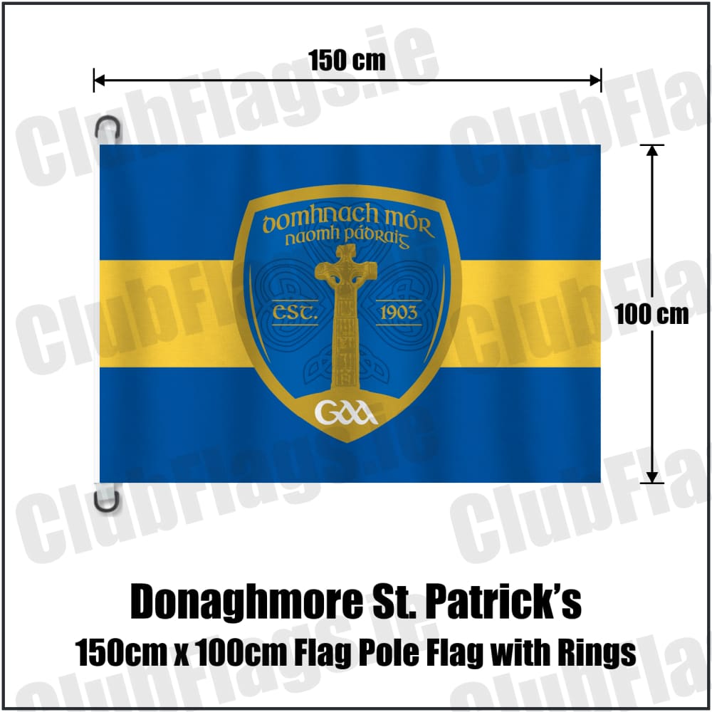 Donaghmore St. Patrick’s 150cm x 100cm Flag Pole Flag with Rings in royal blue and gold, featuring the club crest on realistic fabric with gentle vertical folds; County Tyrone GAA. ClubFlags.ie.