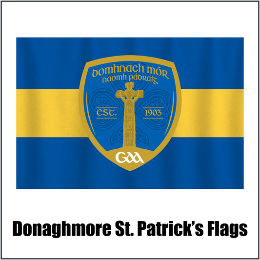 Donaghmore St. Patrick’s Flags, featuring the club crest and blue and gold colours; County Tyrone GAA. ClubFlags.ie.