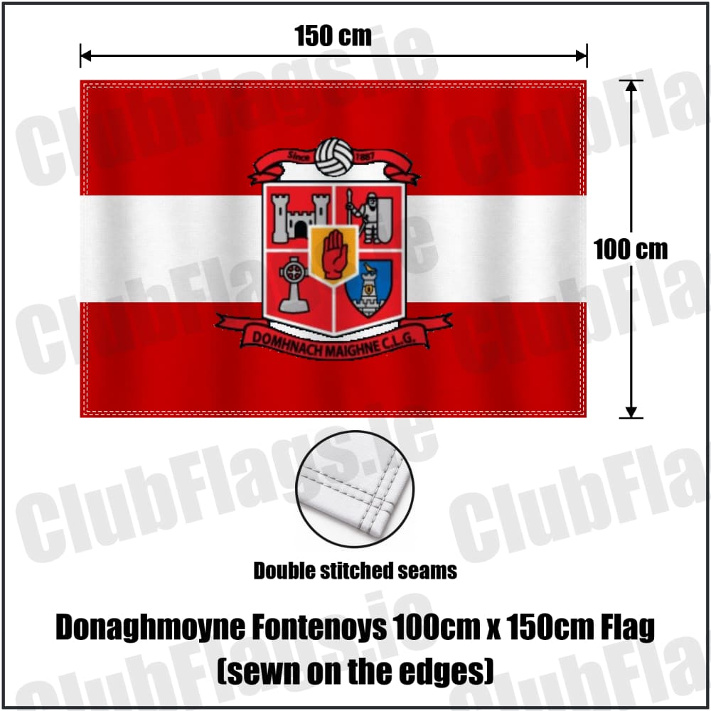Donaghmoyne Fontenoys 100cm x 150cm Flag (sewn on the edges) in red and white, featuring the club crest on realistic fabric with gentle vertical folds; County Monaghan GAA. ClubFlags.ie.