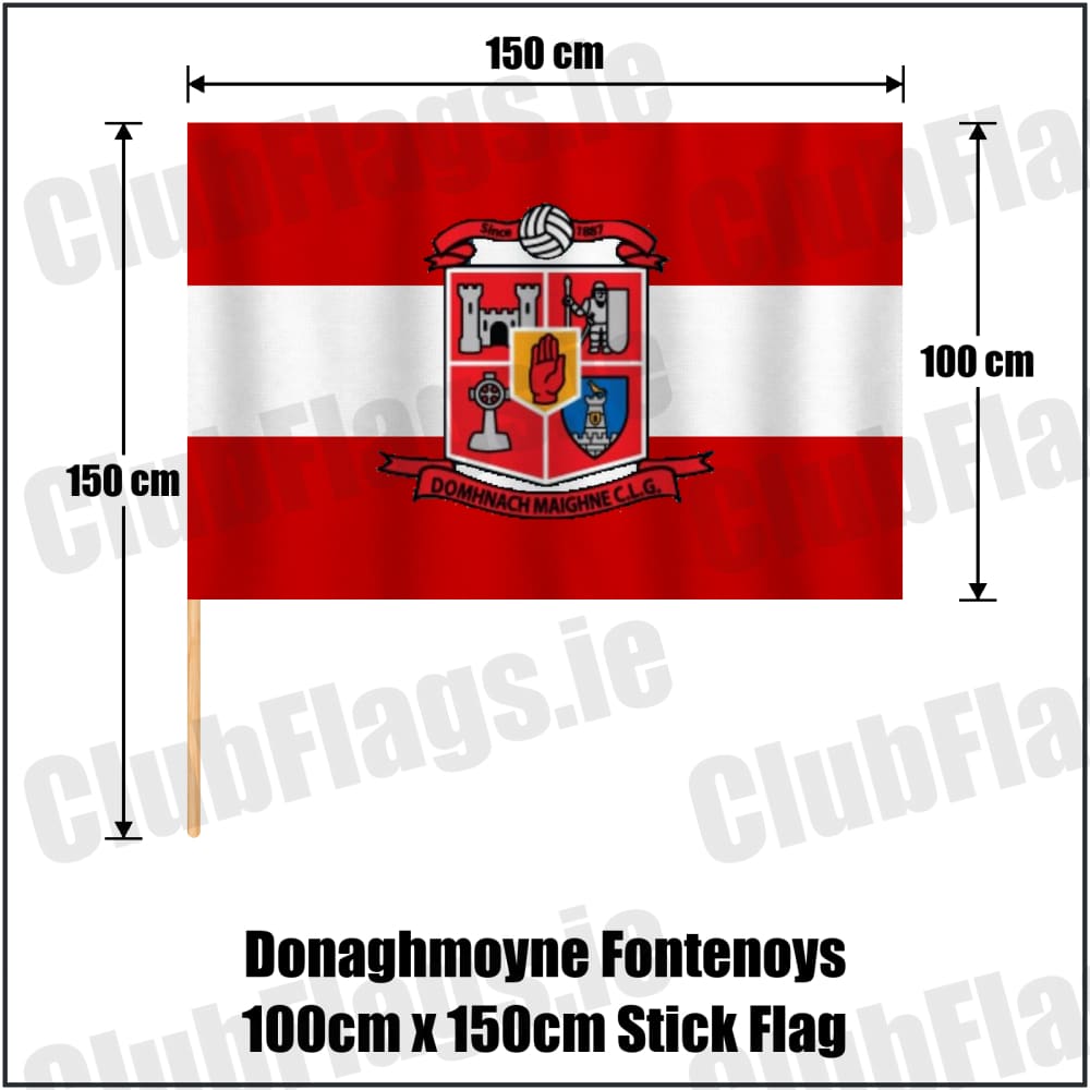 Donaghmoyne Fontenoys 100cm x 150cm Stick Flag in red and white, featuring the club crest on realistic fabric with gentle vertical folds; County Monaghan GAA. ClubFlags.ie.