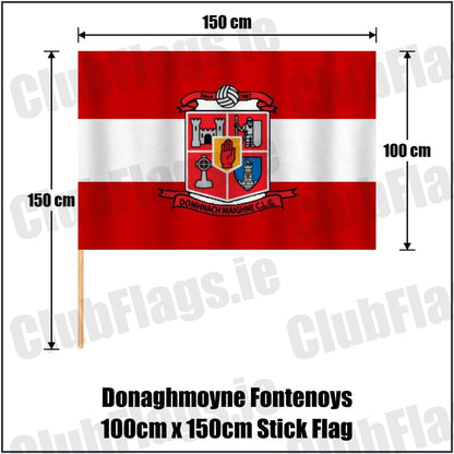 Donaghmoyne Fontenoys 100cm x 150cm Stick Flag in red and white, featuring the club crest on realistic fabric with gentle vertical folds; County Monaghan GAA. ClubFlags.ie.