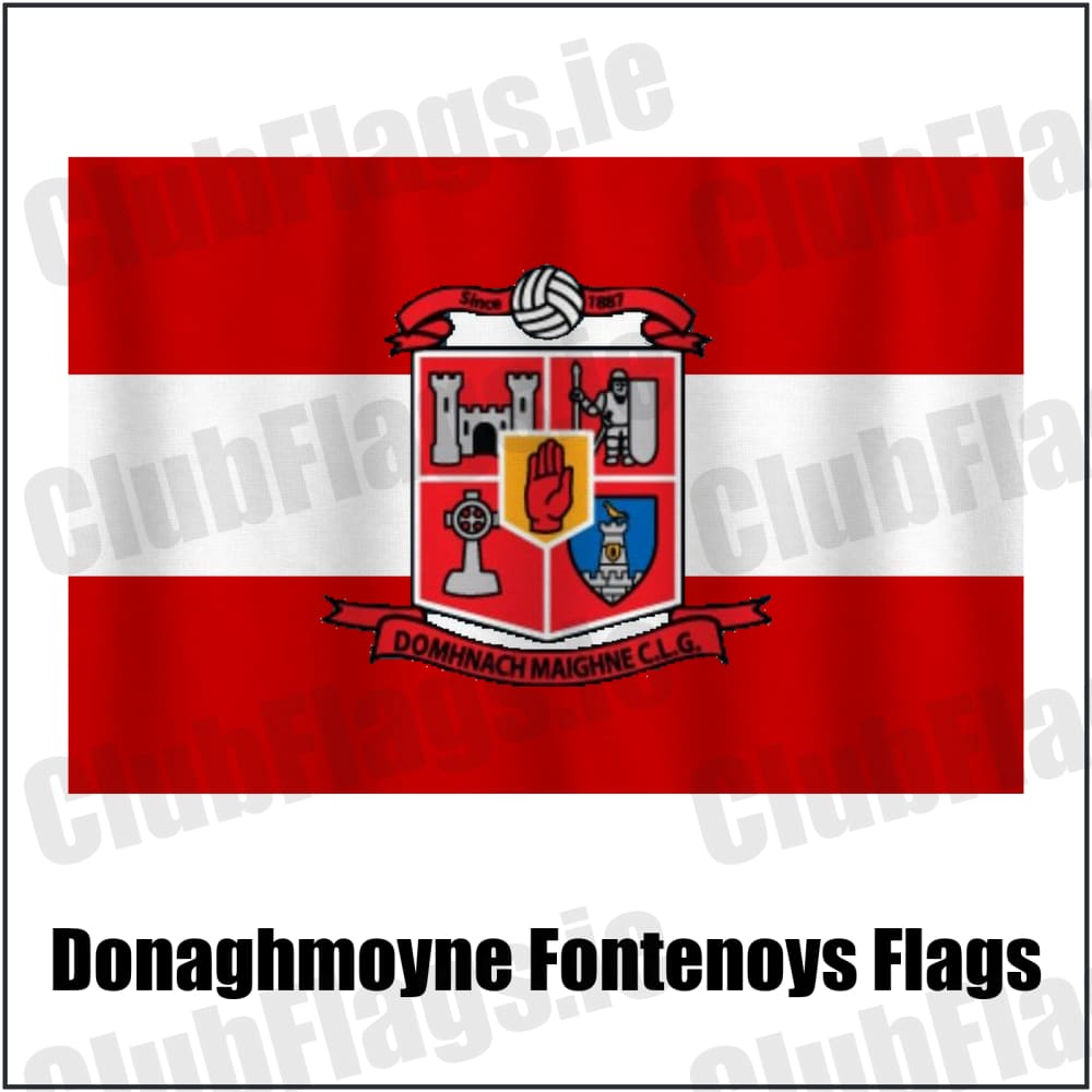 Donaghmoyne Fontenoys Flags in red and white, featuring the club crest on realistic fabric with gentle vertical folds; County Monaghan GAA. ClubFlags.ie.