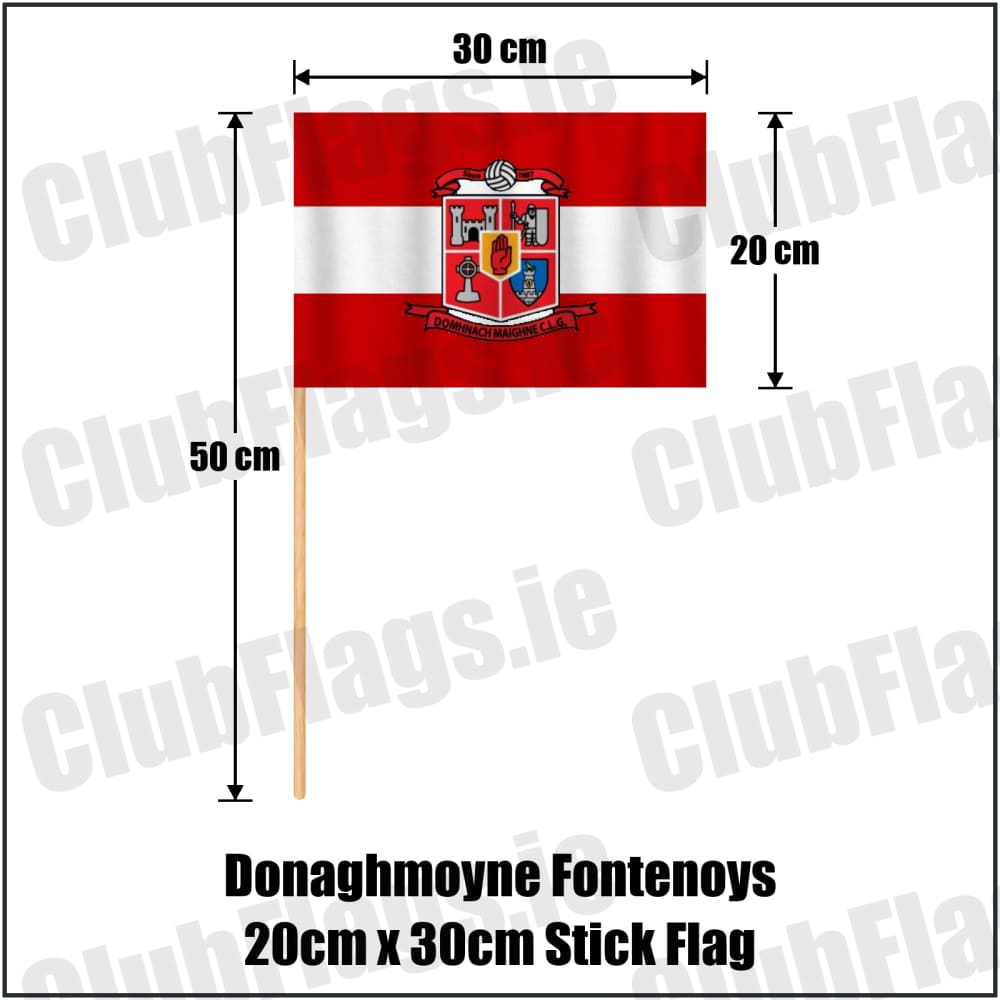 Donaghmoyne Fontenoys 20cm x 30cm Stick Flag in red and white, featuring the club crest on realistic fabric with gentle vertical folds; County Monaghan GAA. ClubFlags.ie.