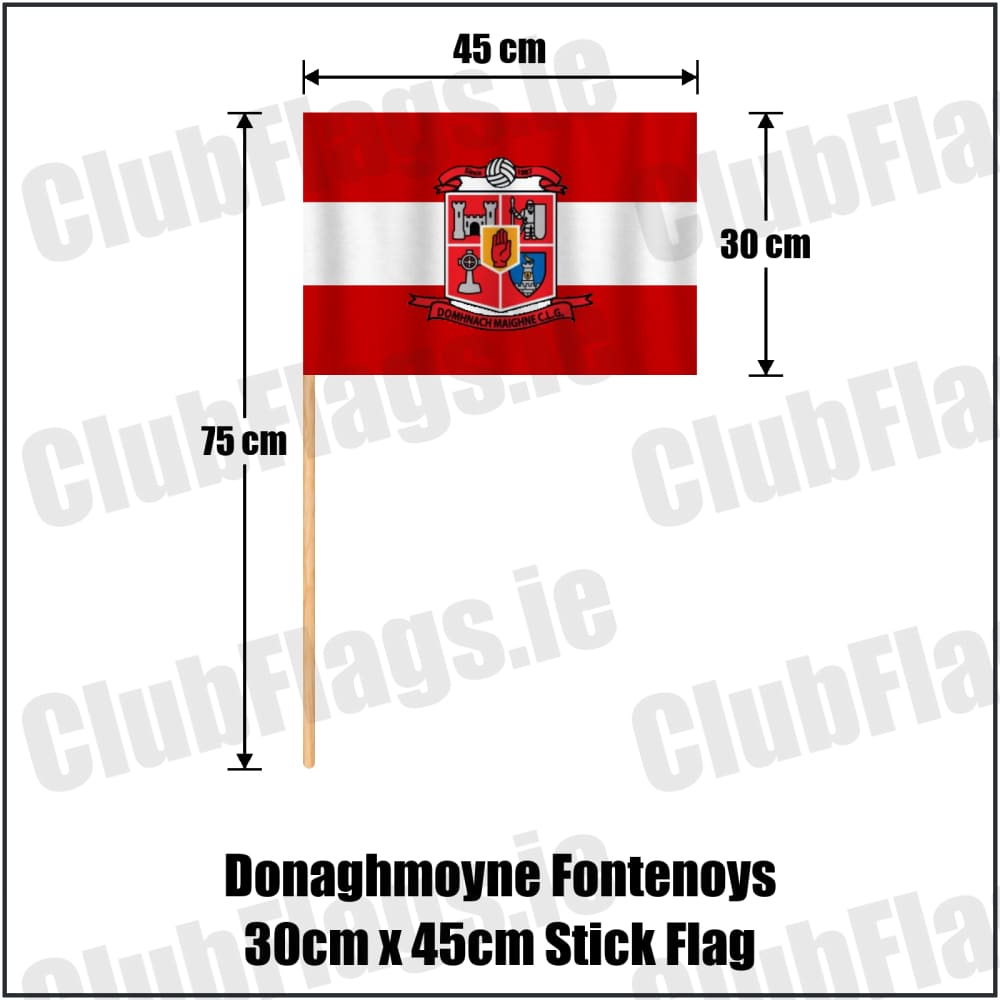 Donaghmoyne Fontenoys 30cm x 45cm Stick Flag in red and white, featuring the club crest on realistic fabric with gentle vertical folds; County Monaghan GAA. ClubFlags.ie.