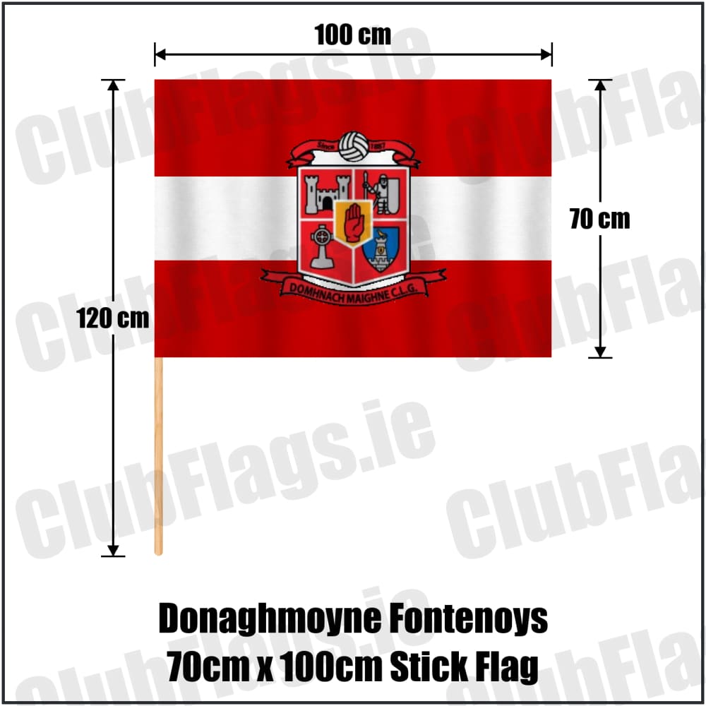 Donaghmoyne Fontenoys 70cm x 100cm Stick Flag in red and white, featuring the club crest on realistic fabric with gentle vertical folds; County Monaghan GAA. ClubFlags.ie.