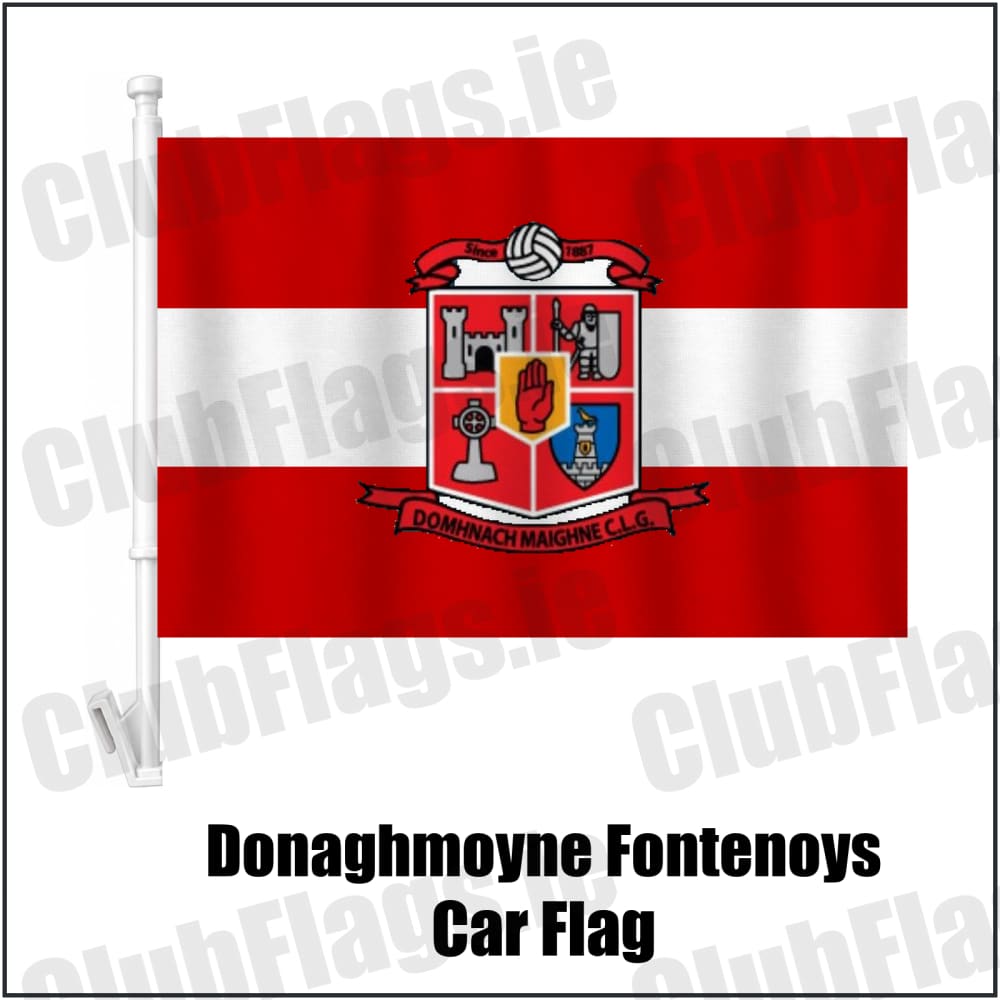 Donaghmoyne Fontenoys Car Flag in red and white, featuring the club crest on realistic fabric with gentle vertical folds; County Monaghan GAA. ClubFlags.ie.