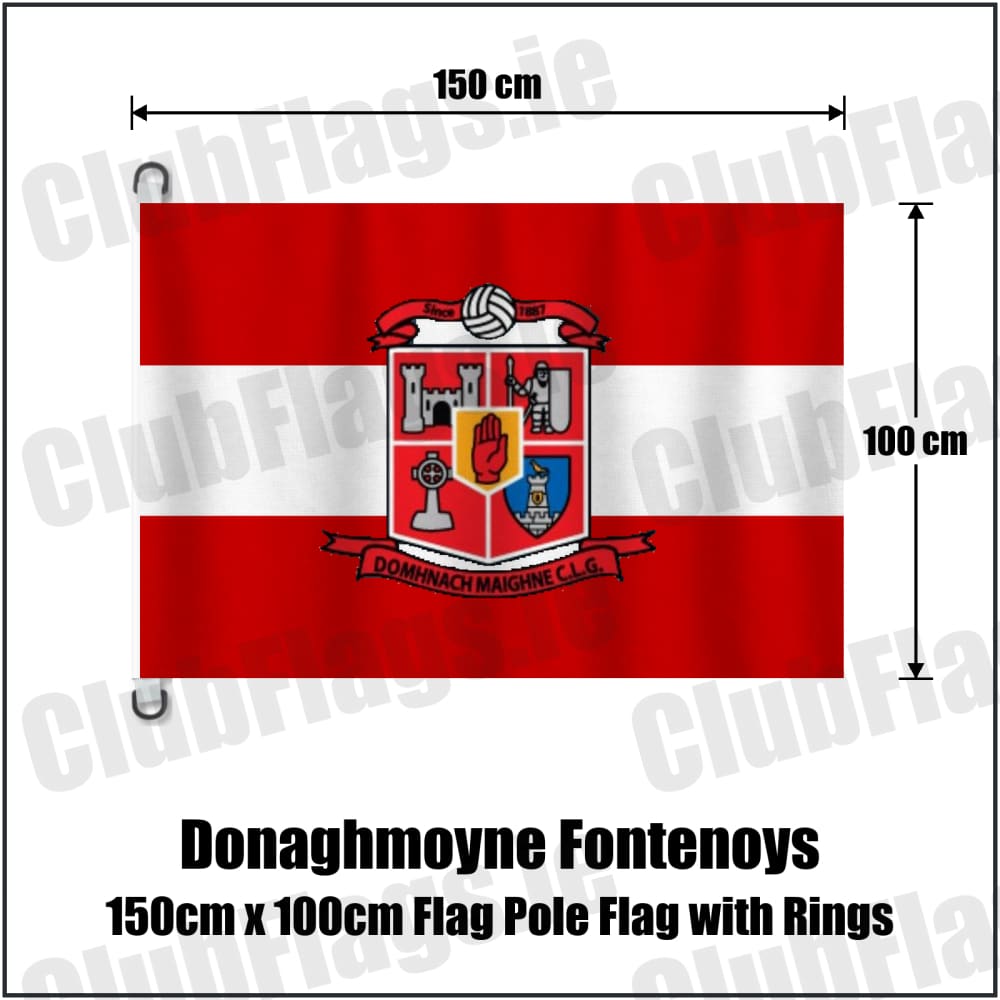 Donaghmoyne Fontenoys 150cm x 100cm Flag Pole Flag with Rings in red and white, featuring the club crest on realistic fabric with gentle vertical folds; County Monaghan GAA. ClubFlags.ie.