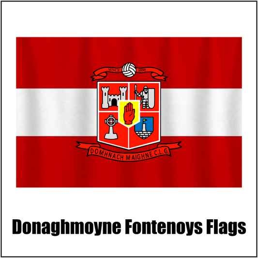 Donaghmoyne Fontenoys Flags, featuring the club crest and red and white colours; County Monaghan GAA. ClubFlags.ie.