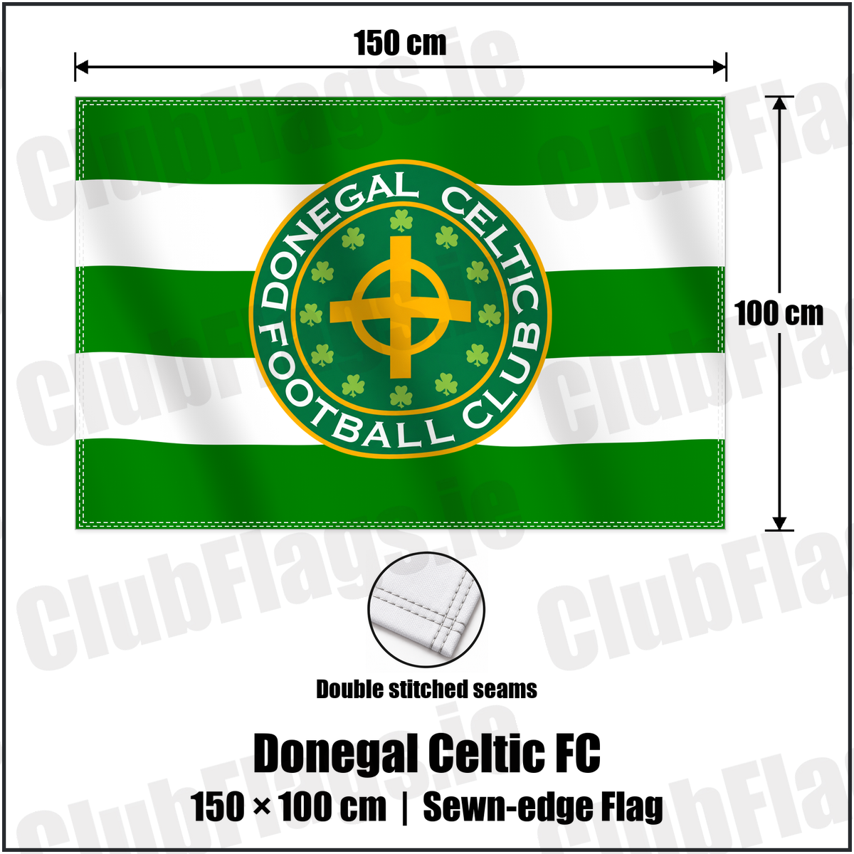 Donegal Celtic FC 100cm x 150cm Flag (sewn on the edges) with the verified club crest and colours, Antrim Football - ClubFlags.ie