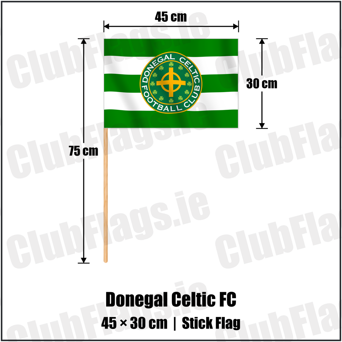 Donegal Celtic FC 30cm x 45cm Stick Flag with the verified club crest and colours, Antrim Football - ClubFlags.ie