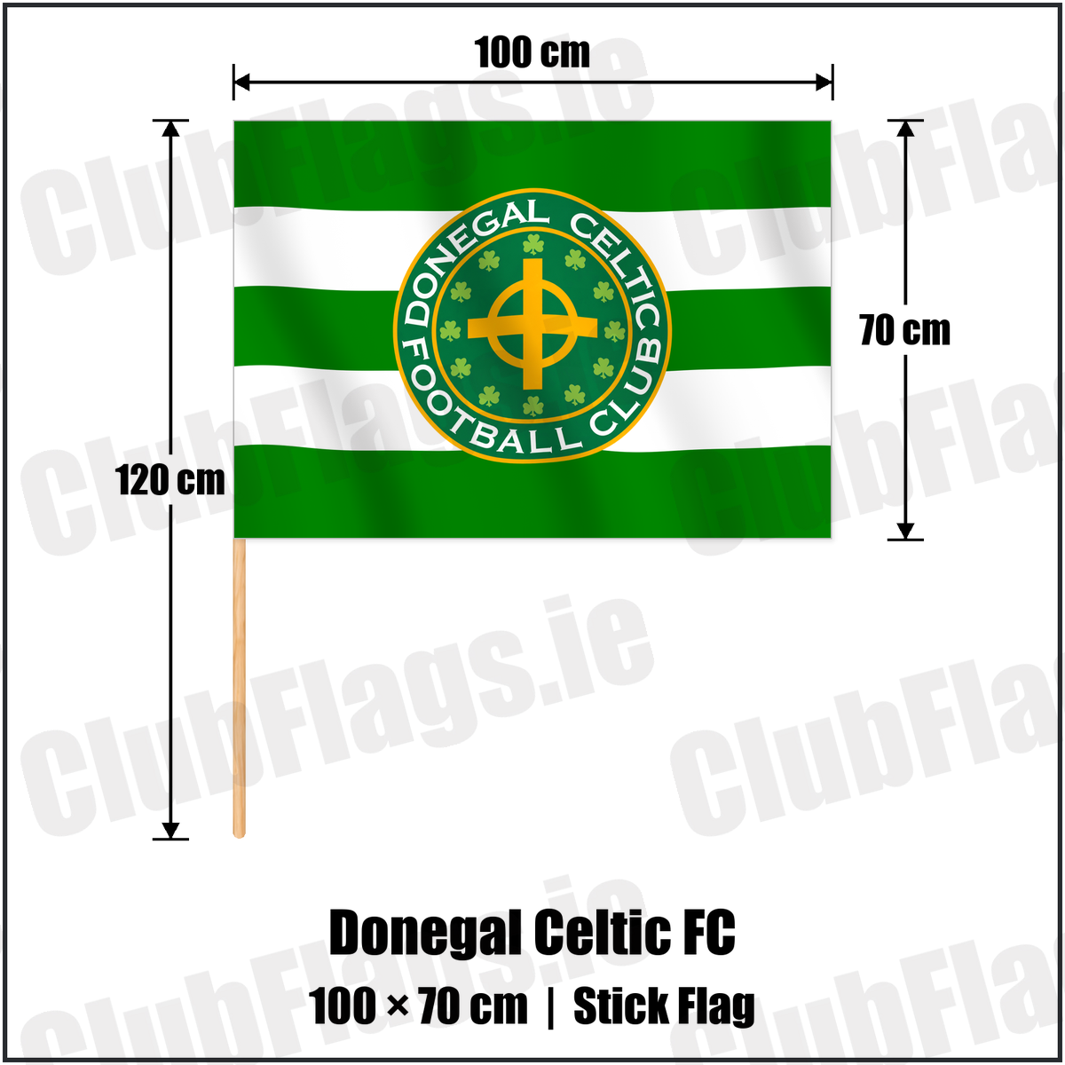 Donegal Celtic FC 70cm x 100cm Stick Flag with the verified club crest and colours, Antrim Football - ClubFlags.ie