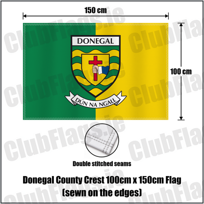 Donegal county crest 100 × 150 cm sewn-edge flag in green and yellow, with dimension arrows and a double-stitch seam close-up.