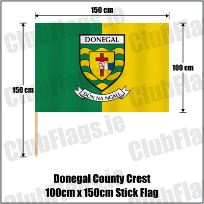 Donegal county crest 100 × 150 cm stick flag in green and yellow, with a 150 cm wooden stick and dimension arrows.