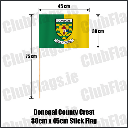 Donegal county crest 30 × 45 cm stick flag in green and yellow, with a 75 cm wooden stick and dimension arrows.