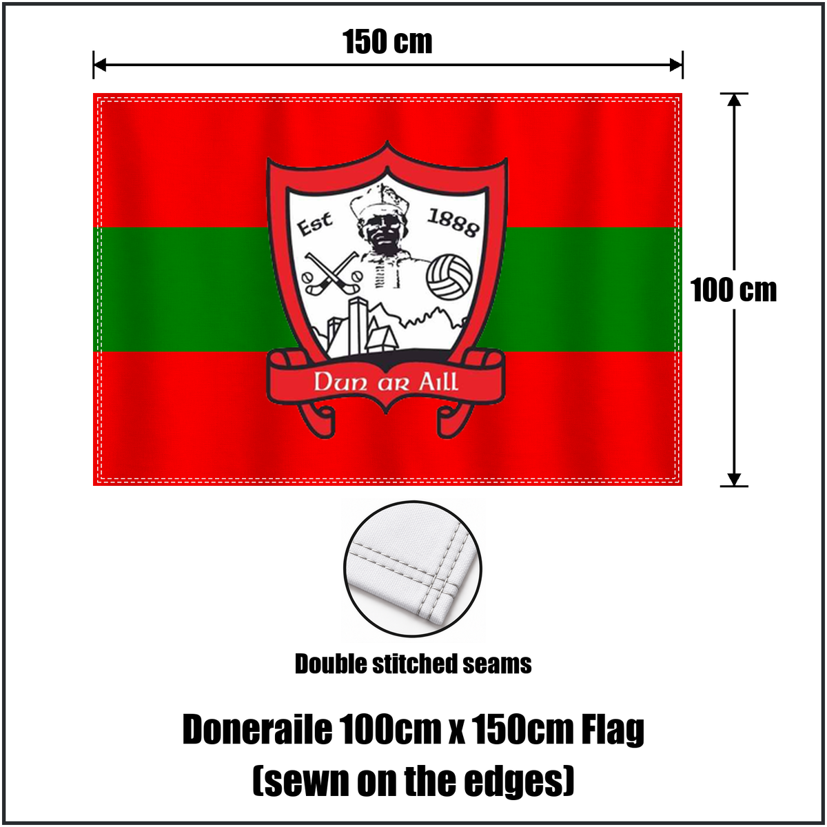 Doneraile 100cm x 150cm Flag (sewn on the edges), featuring the club crest and red and green colours; County Cork GAA. ClubFlags.ie.
