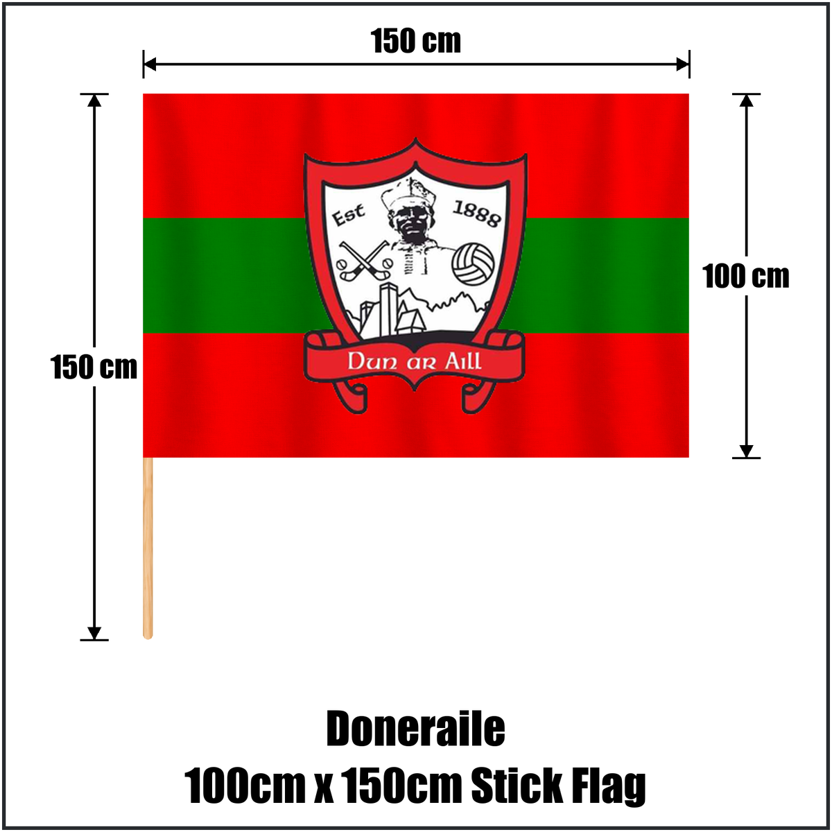 Doneraile 100cm x 150cm Stick Flag, featuring the club crest and red and green colours; County Cork GAA. ClubFlags.ie.