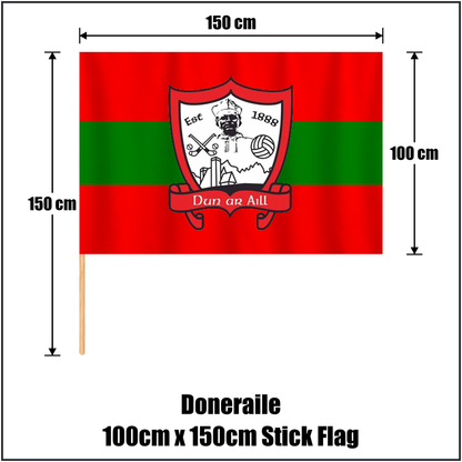 Doneraile 100cm x 150cm Stick Flag, featuring the club crest and red and green colours; County Cork GAA. ClubFlags.ie.