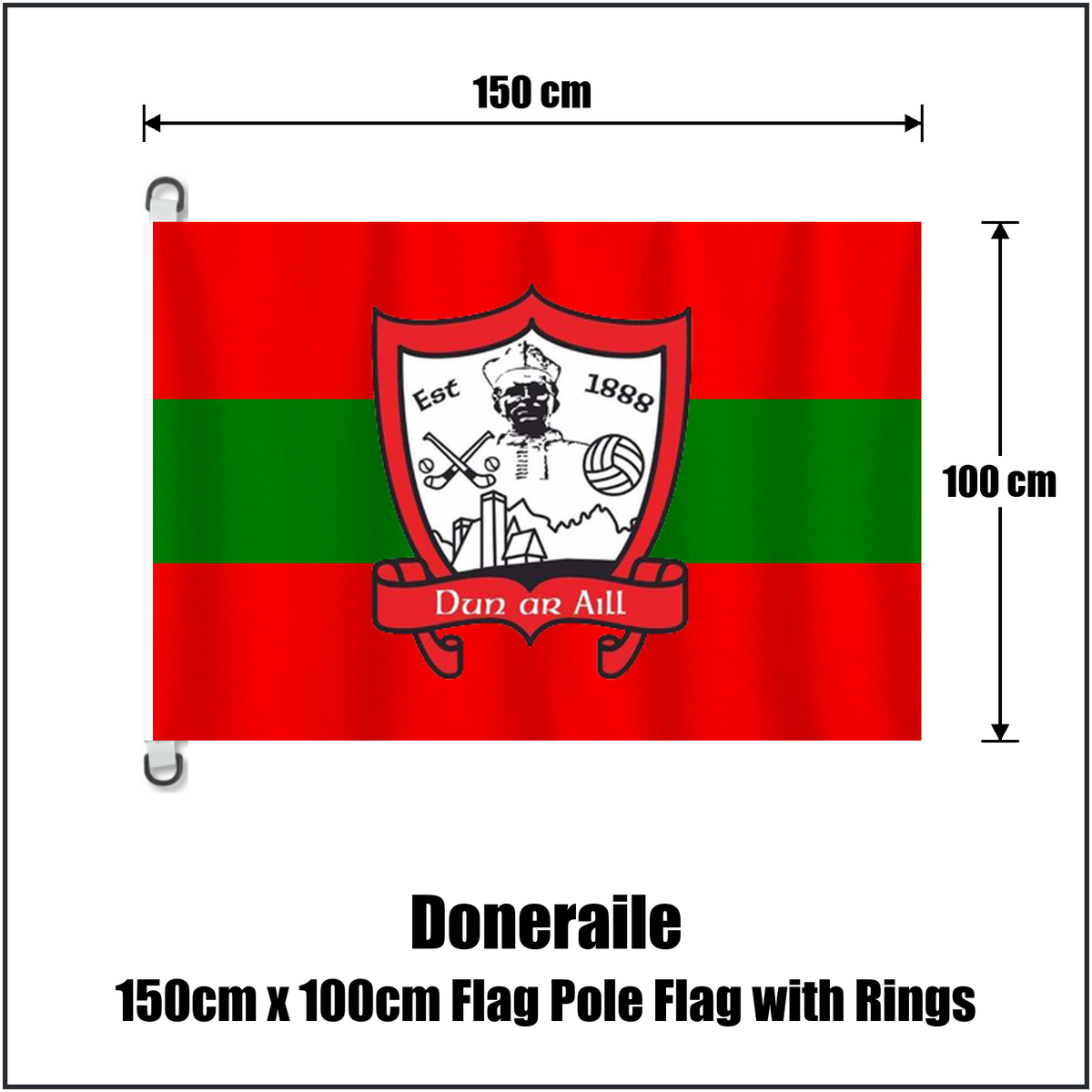 Doneraile 150cm x 100cm Flag Pole Flag with Rings, featuring the club crest and red and green colours; County Cork GAA. ClubFlags.ie.