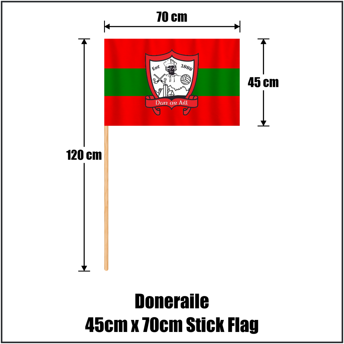 Doneraile 45cm x 70cm Stick Flag, featuring the club crest and red and green colours; County Cork GAA. ClubFlags.ie.