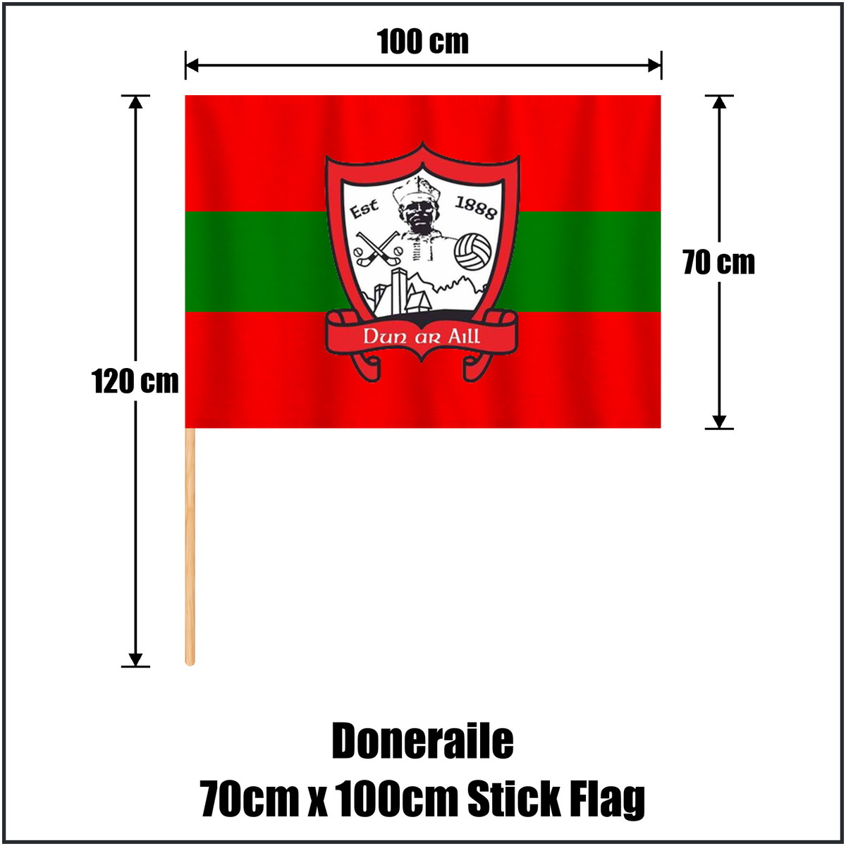 Doneraile 70cm x 100cm Stick Flag, featuring the club crest and red and green colours; County Cork GAA. ClubFlags.ie.