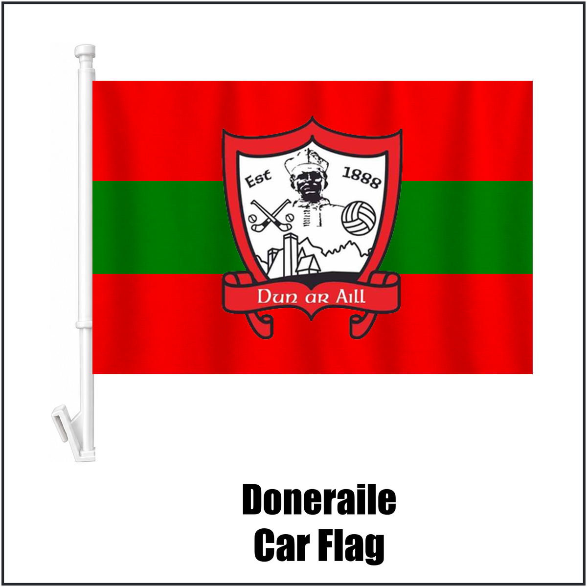 Doneraile Car Flag, featuring the club crest and red and green colours; County Cork GAA. ClubFlags.ie.