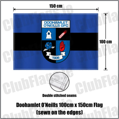 Doohamlet O’Neills 100cm x 150cm Flag (sewn on the edges) in royal blue and black, featuring the club crest on realistic fabric with gentle vertical folds; County Monaghan GAA. ClubFlags.ie.