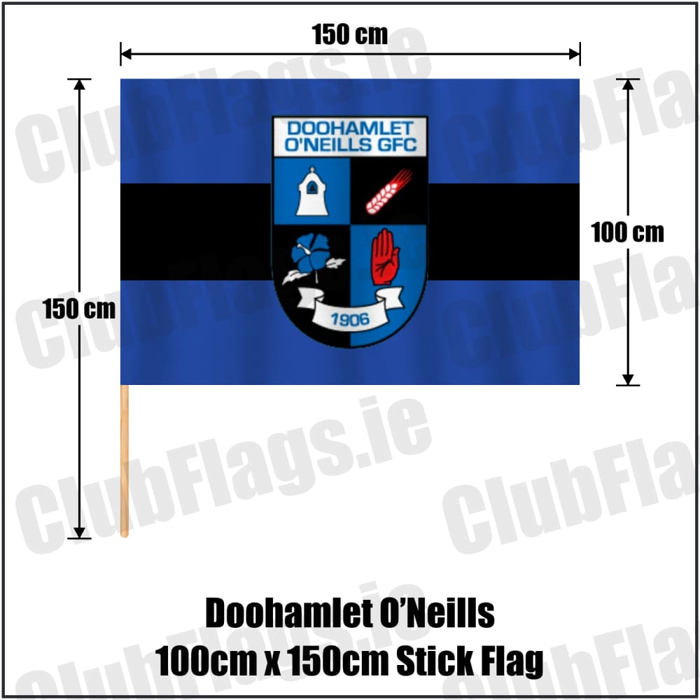 Doohamlet O’Neills 100cm x 150cm Stick Flag in royal blue and black, featuring the club crest on realistic fabric with gentle vertical folds; County Monaghan GAA. ClubFlags.ie.