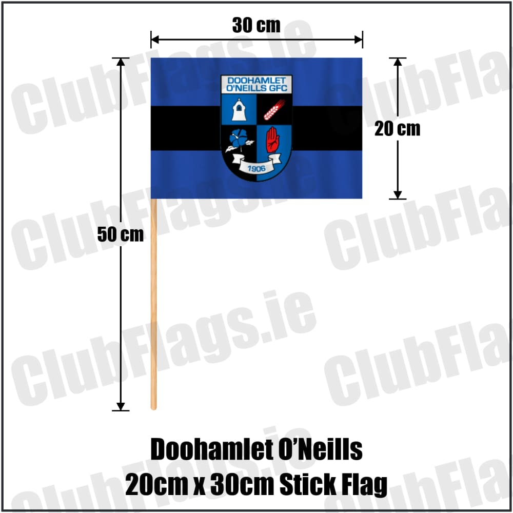 Doohamlet O’Neills 20cm x 30cm Stick Flag in royal blue and black, featuring the club crest on realistic fabric with gentle vertical folds; County Monaghan GAA. ClubFlags.ie.