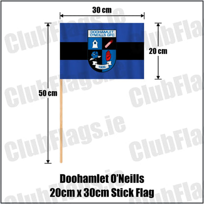 Doohamlet O’Neills 20cm x 30cm Stick Flag in royal blue and black, featuring the club crest on realistic fabric with gentle vertical folds; County Monaghan GAA. ClubFlags.ie.
