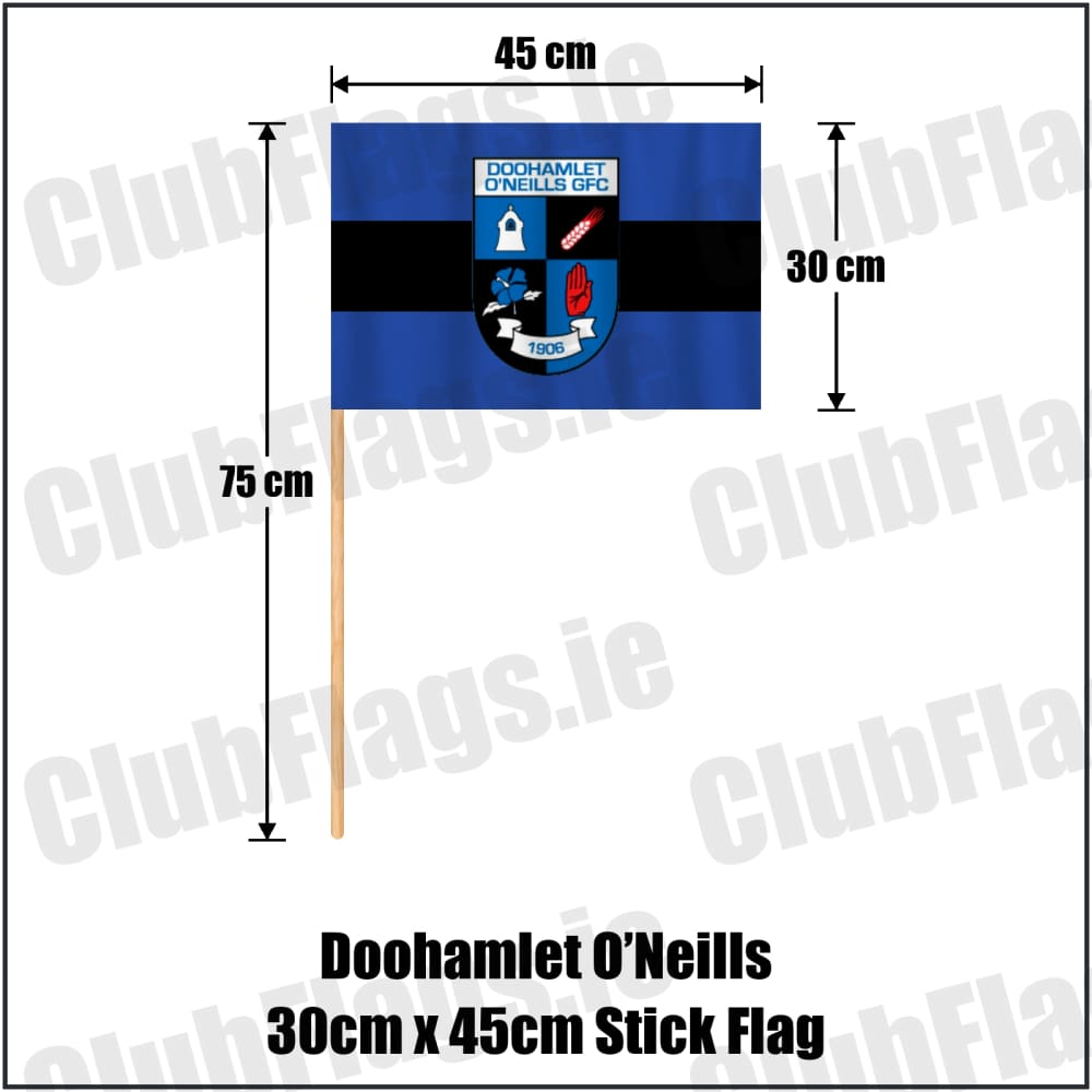 Doohamlet O’Neills 30cm x 45cm Stick Flag in royal blue and black, featuring the club crest on realistic fabric with gentle vertical folds; County Monaghan GAA. ClubFlags.ie.