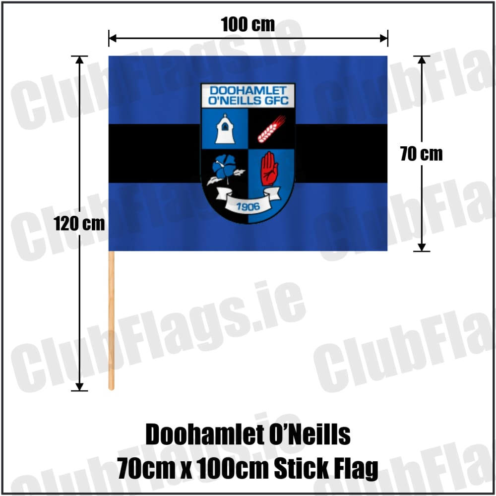 Doohamlet O’Neills 70cm x 100cm Stick Flag in royal blue and black, featuring the club crest on realistic fabric with gentle vertical folds; County Monaghan GAA. ClubFlags.ie.