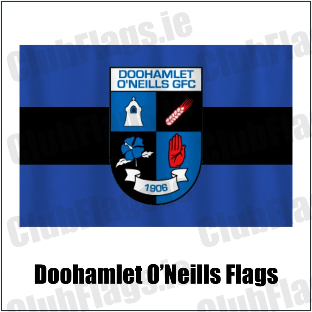 Doohamlet O’Neills Flags in royal blue and black, featuring the club crest on realistic fabric with gentle vertical folds; County Monaghan GAA. ClubFlags.ie.