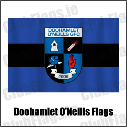 Doohamlet O’Neills Flags in royal blue and black, featuring the club crest on realistic fabric with gentle vertical folds; County Monaghan GAA. ClubFlags.ie.