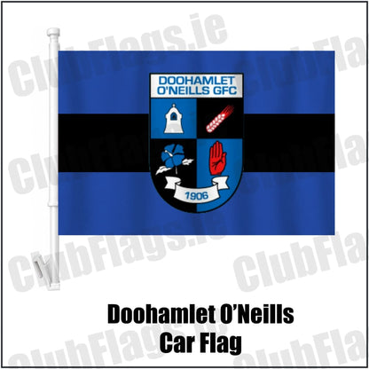 Doohamlet O’Neills Car Flag in royal blue and black, featuring the club crest on realistic fabric with gentle vertical folds; County Monaghan GAA. ClubFlags.ie.